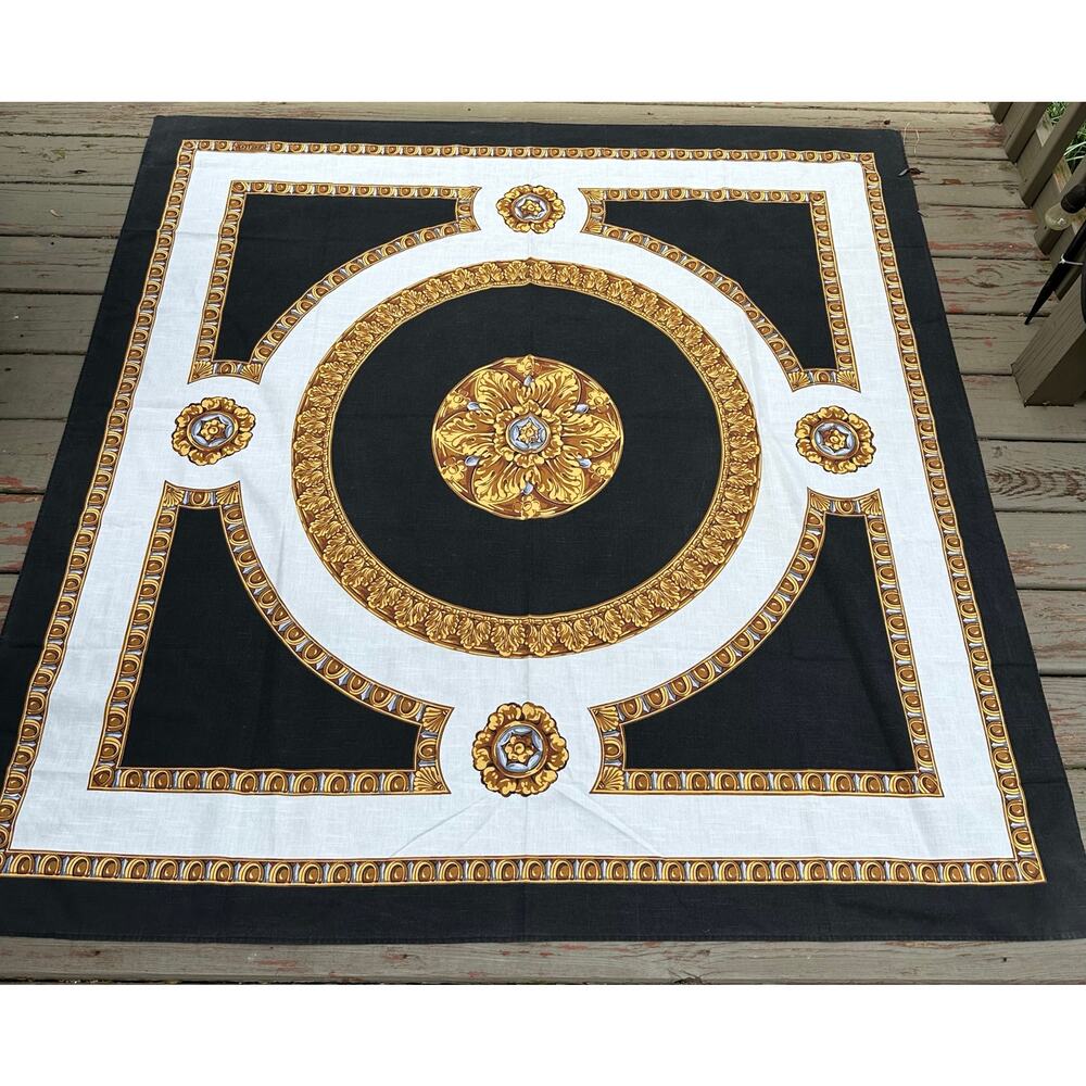 Vintage ECHO tablecloth Black Gold white baroque Medallion 60x63” rare Brazil